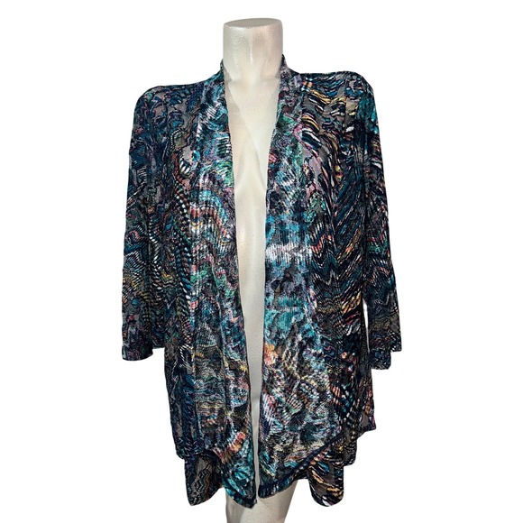 Draper'S & Damon'S Sweaters - Drapers & Damons Size 2X Open Front Cardigan Abstract Mesh Lace Multi-Color 3/4